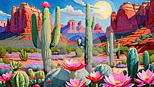 Artistic painting desert cactus flower blossom scene setting sun