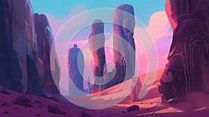 An artistic painting of a desert landscape with tall rock formations, AI