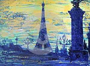 Artistic painting of the Eiffel Tower and bridge