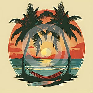 Artistic painting of palm trees, hammock, and sunset reflecting on the water