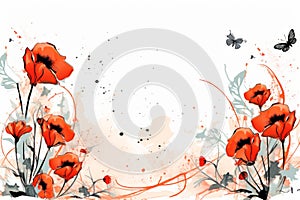 an artistic painting of red poppies and butterflies on a white background