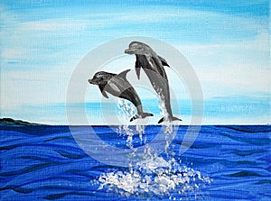 Artistic painting two dolphins jumping over the sea