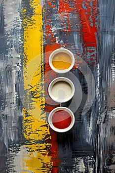 Artistic Painting of Vibrant Sauce Trio: White, Yellow, and Red Masterpiece
