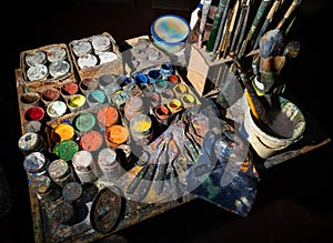 Artistic paints, tools, brushes and palette