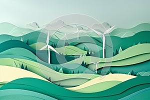 Artistic paper cut style illustration depicting a rolling field with wind turbines