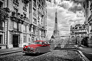 Umělecký paříž francie. věž vidět ulice limuzína auto 