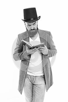 Artistic person. Talented artist. Bearded man read book isolated on white. Poetry reading. Inspirational book