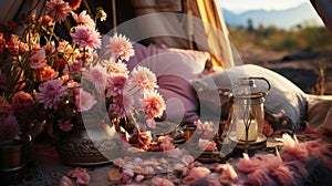 Artistic Pink Pillows Flowers Camp Tent Pastel Tones Color Theme With Depth Of Field