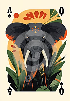 Artistic playing card design featuring a stylized elephant illustration with geometric elements photo