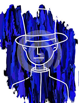 Artistic portrait of man with hat, blue tones and white, art, isolated.