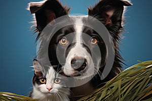 Artistic portrayal Border Collie with a cat in amusing hide and seek