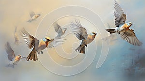 An artistic portrayal of finch birds in mid-flight,
