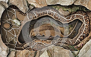 An artistic portrayal of a rodent's burrow in cross-section, highlighting the inner workings and chamber design.