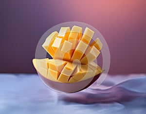 Artistic poster featuring a levitating mango, cut into pieces with negative space emphasizin