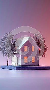 Artistic real estate concept House model crafted from paper on purple background