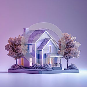 Artistic real estate concept House model crafted from paper on purple background