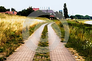 Artistic realistic illustration of summer rural landscape with lots of greenery, trees, grass and road on a sunny bright clear day