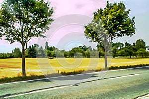 Artistic realistic illustration of summer rural landscape with lots of greenery, trees, grass and road on a sunny bright clear day