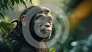 Artistic recreation of a hominid female looking with attention in the jungle