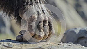 Artistic recreation of a hominid sleeping in a cave. Illustration AI photo