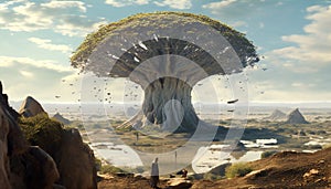Artistic recreation of landscape with big baobab tree with birds flying around a sunny day