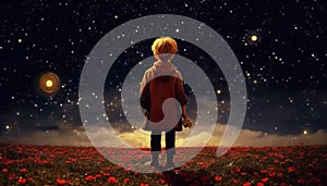 The Little Prince in a roses field viewing the firmament full of stars photo