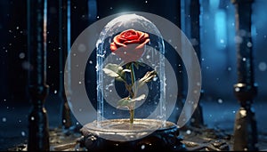 Artistic recreation of a red rose inside a lantern glass at blue night, personage from The Little Prince