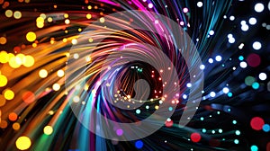 An artistic rendering of colored electric cables and optical fibers, spiraling outwards with LED