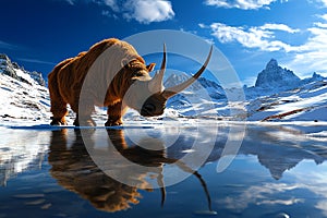 An artistic rendering of an extinct Ice Age species, like the woolly rhinoceros, in its natural habitat photo
