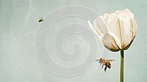 Artistic rendering of a single tulip with a detailed bee, set against a cool pastel backdrop