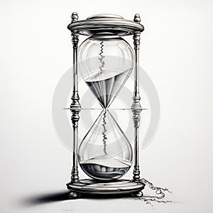 An artistic rendering of a traditional hourglass with a unique twist, featuring cracked glass and sand spilling into an intricate