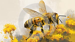 Artistic rendition of a bee on yellow flowers, with a splash of paint effect