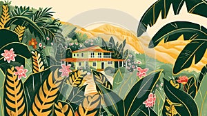 Artistic rendition of a cozy, colorful home nestled amidst a lush tropical landscape, with a vibrant backdrop of hills