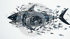 Artistic rendition of a tuna fish disintegrating into smaller fish against a white background