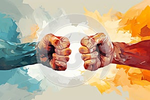 Artistic rendition of two arms pointing fingers in a colorful abstract style
