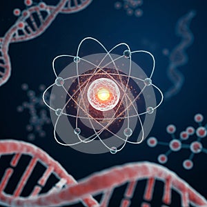 An artistic representation of an atom, featuring a bright nucleus with electrons
