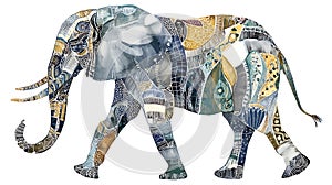 Artistic representation of an elephant composed of diverse and intricate patterns photo