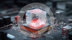 Ice cube on computer processor, close up, technology exploration, electronic image concept.Generative AI