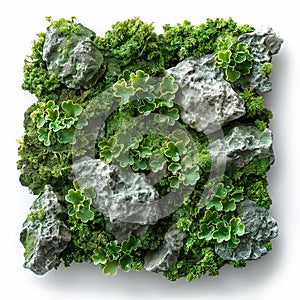 Artistic representation of green moss scattered and isolated on a white background in a top view