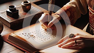 artistic representation of the hands of a woman with a pen from the year 1900 writing in her diary, with an inkwell next to it.