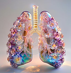 Artistic representation of human lungs composed of colorful flowers, symbolizing beauty and vitality of healthy lungs