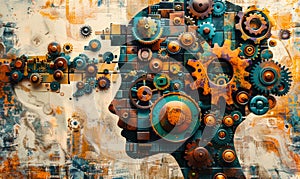 Artistic representation of a human profile with interlocking gears and cogs forming the brain, symbolizing innovation