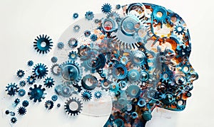 Artistic representation of a human profile with interlocking gears and cogs forming the brain, symbolizing innovation