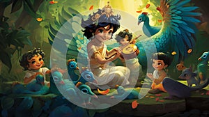 artistic representation of Lord Krishna\'s childhood pastimes, AI-Generated