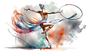 An artistic representation of a rhythmic gymnast in motion, with a hoop.
