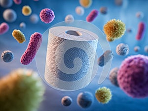 Artistic representation of sanitary paper amidst microscopic bacteria and viruses in a digital environment