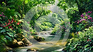 An artistic representation of a stream flowing through a vibrant tropical forest, with sunlight filtering through the dense