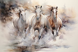 Artistic representation of three majestic horses galloping with a watercolor technique