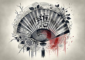 Traditional Asian Fan with Calligraphy and Floral Elements, AI Generated