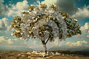 Artistic representation of a tree with leaves made of dollar bills, symbolizing wealth and growth